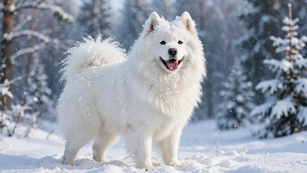 Fluffy Samoyed standing in snow with its tongue out