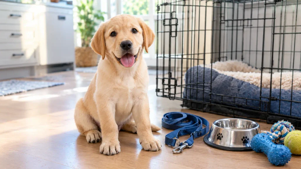 A Labrador retriever puppy beside a crate, leash, and food bowl on a kitchen floor