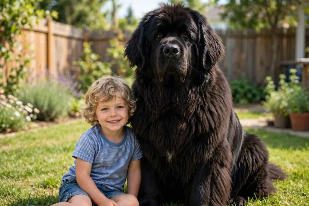 Giant fluffy Newfoundland sitting beside a small child