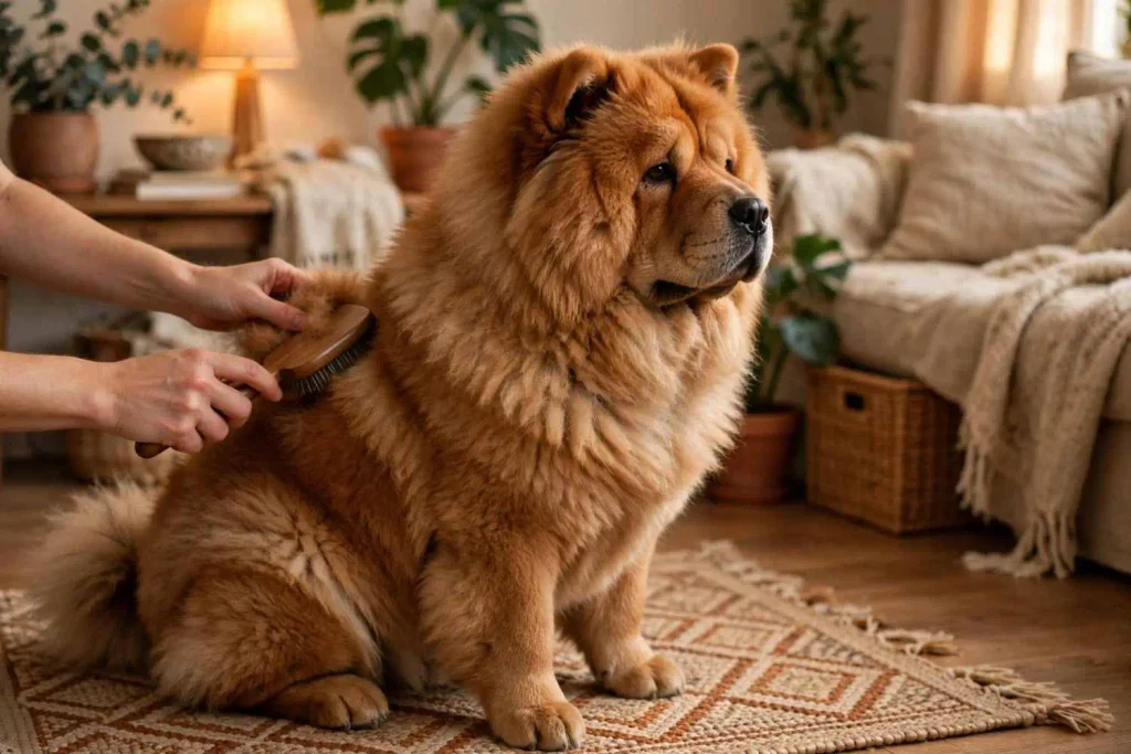 Owner brushing a Chow Chow's thick double coat at home