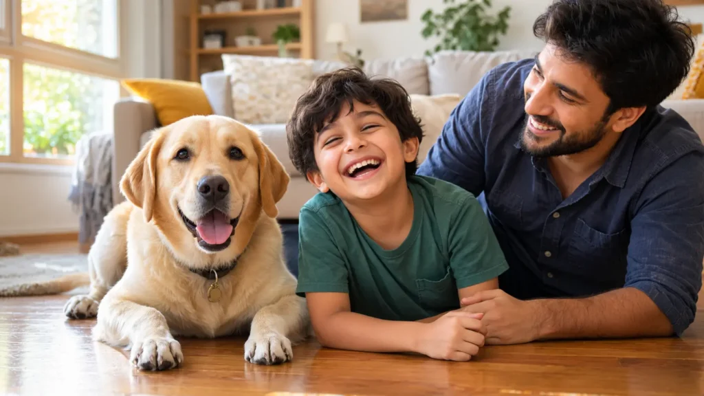 A happy yellow Labrador retriever sitting on a living room floor beside a smiling family