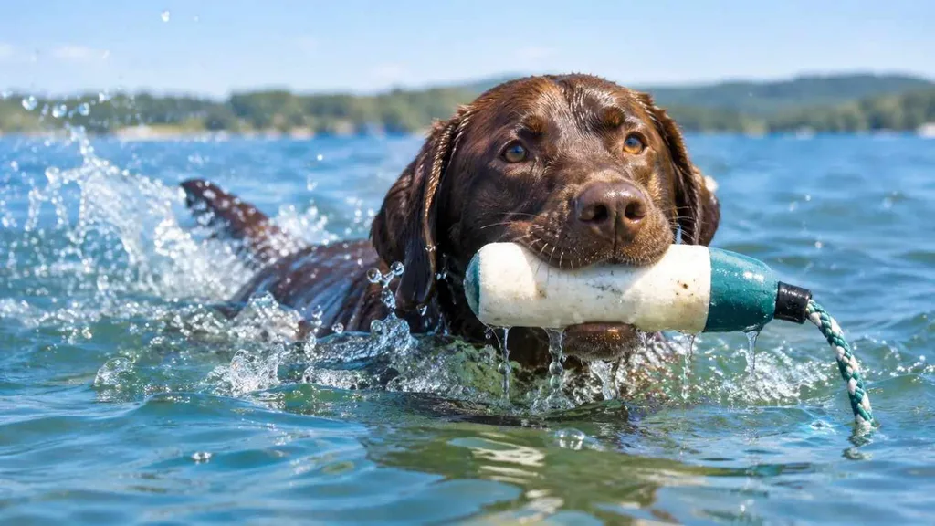 A chocolate Labrador retriever swimming in a lake with a floating retriever toy